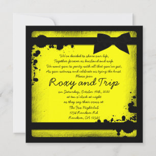 Neon yellow grunge black ribbon wedding invites