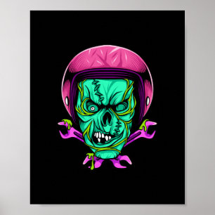 Neon Zombie Skull Biker Helmet Design Poster