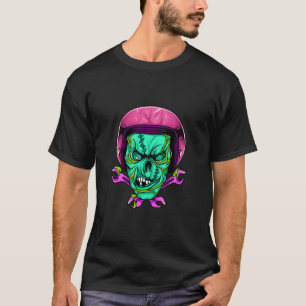 Neon Zombie Skull Biker Helmet Design T-Shirt