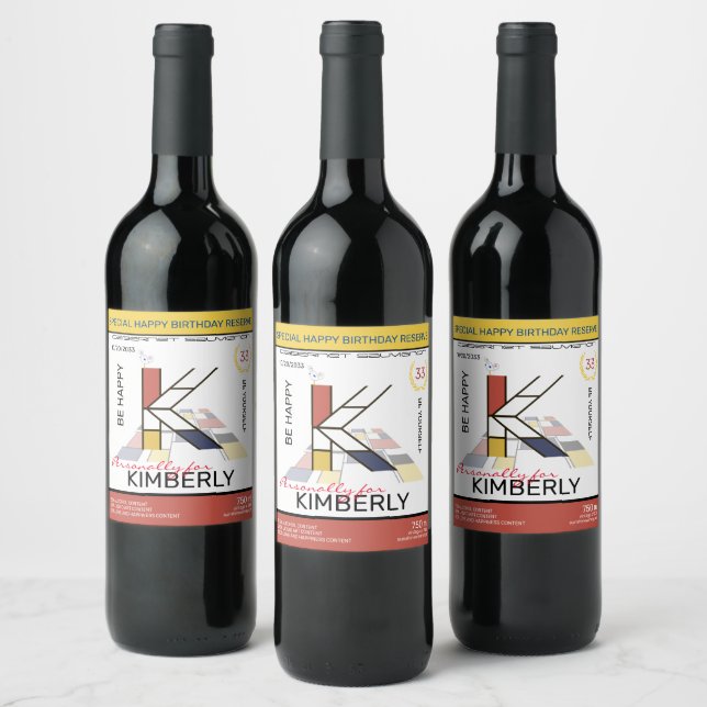Neoplasticism Abstract Art Monogram. Letter K Wine Label (Bottles)