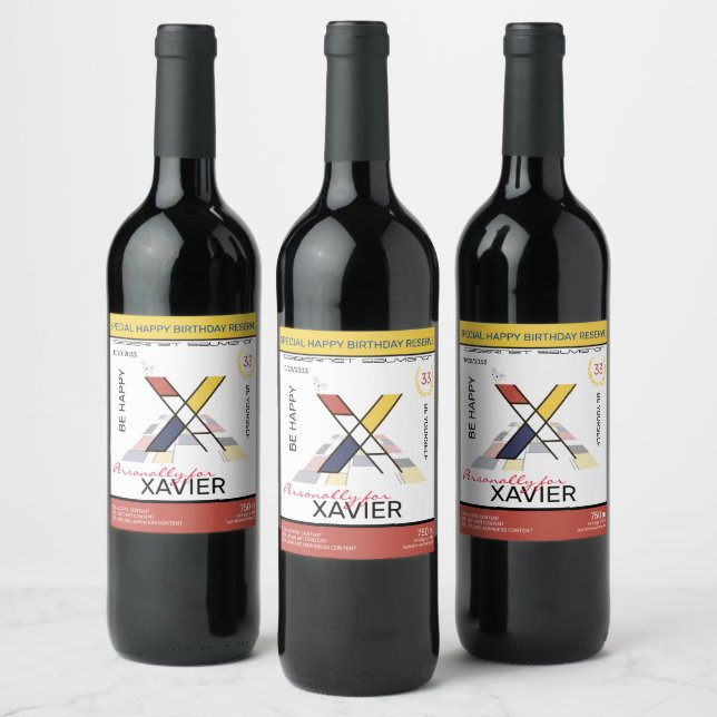 Neoplasticism Abstract Art Monogram. Letter X Wine Label (Bottles)