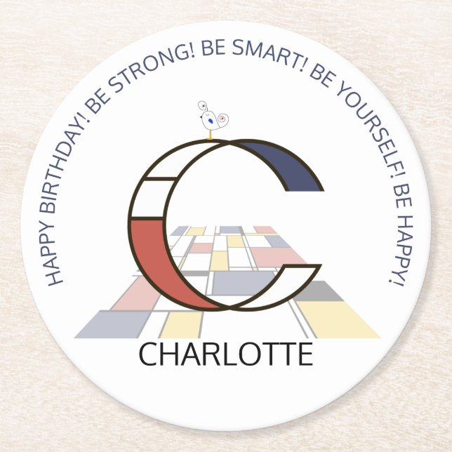Neoplasticism Art Cool Monogram. Letter C Round Paper Coaster (Front)