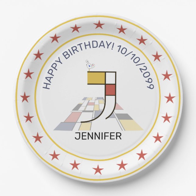 Neoplasticism Art Elegant Monogram. Letter J Paper Plate (Front)