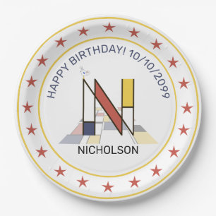 Neoplasticism Art Elegant Monogram. Letter N Paper Plate