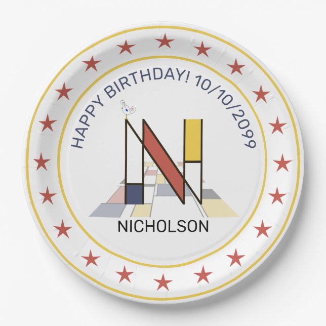 Neoplasticism Art Elegant Monogram. Letter N Paper Plate (Front)