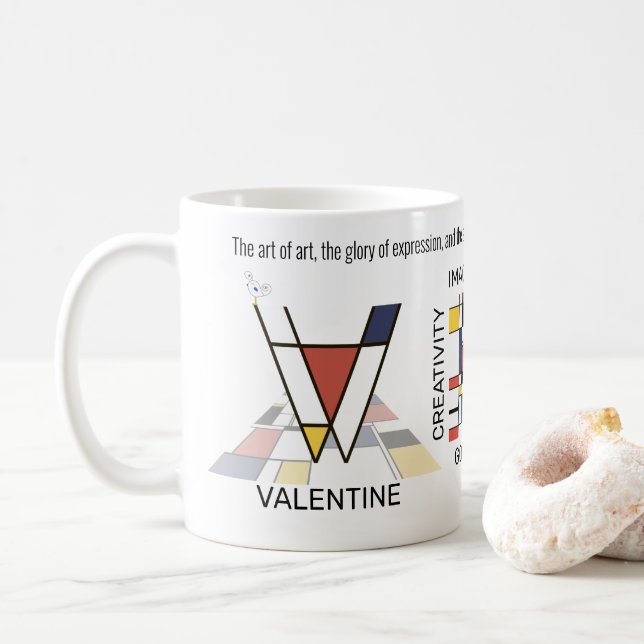Neoplasticism Art Stylish Monogram. Letter V Coffee Mug (With Donut)