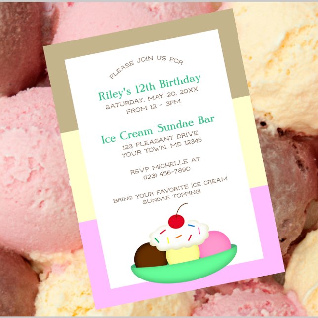 Neopolitan Stripe Ice Cream Sundae Birthday Invitation (Creator Uploaded)