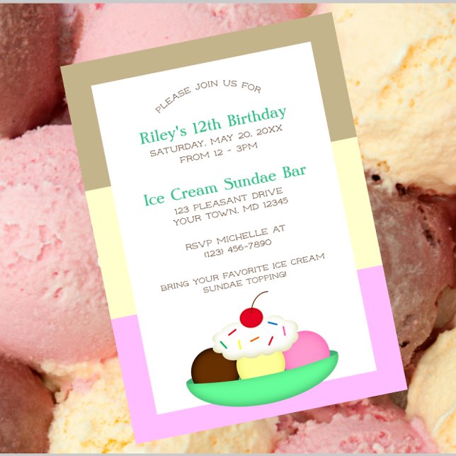 Neopolitan Stripe Ice Cream Sundae Birthday Invite Postcard (Creator Uploaded)