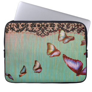NEOPRENE LAPTOP SLEEVE STRIPES GREEN BUTTERFLIES