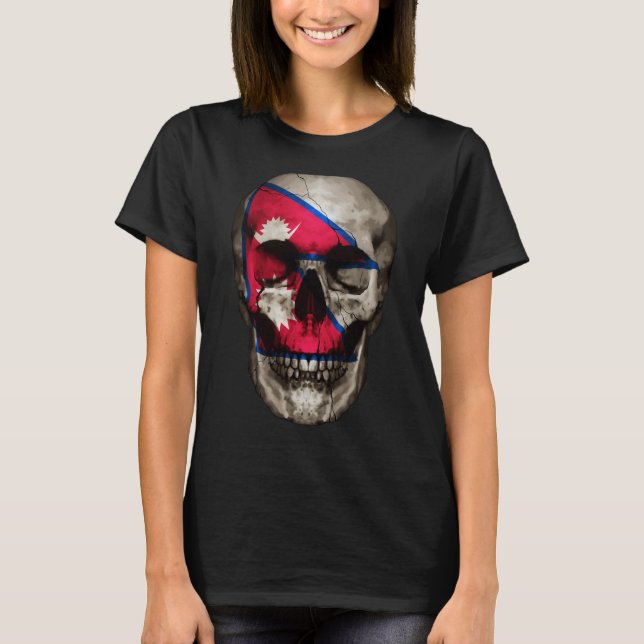 Nepal Flag Skull Nepalese Roots Proud Patriotic T-Shirt (Front)
