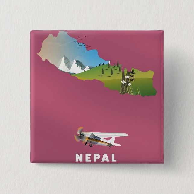 Nepal illustrated map poster 15 cm square badge (Front)