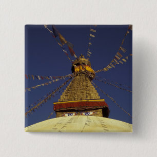 Nepal, Kathmandu. Under prayer flags, watchful 15 Cm Square Badge