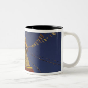 Nepal, Kathmandu. Under prayer flags, watchful Two-Tone Coffee Mug