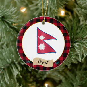 Nepal, Red buffalo plaid & Nepalese Flag Ceramic Ornament