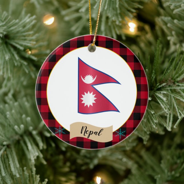 Nepal, Red buffalo plaid & Nepalese Flag Ceramic Ornament (Tree)