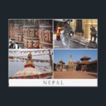 Nepal religion collage postcard<br><div class="desc">Postcard with a collage of 4 photos showing religious aspects of Nepal,  with buddhist prayer wheels,  a monk in Swayambunath temple,  Bodnath stupa and Durbar Square in Kathmandu with a white border and the text: 'Nepal'.</div>