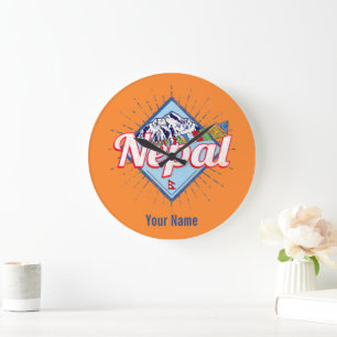 Nepal with Mountains Retro Flags Vintage Holiday Large Clock