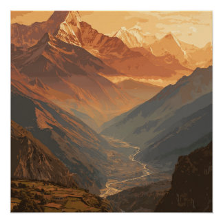Nepalese Huge Mountains Peaks Scenic Vintage Poster