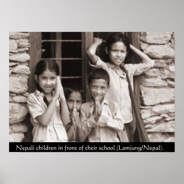 Nepali children in front of their school poster (Front)