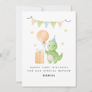 Nephew 1st Birthday Card Cute Watercolor Dinosaur