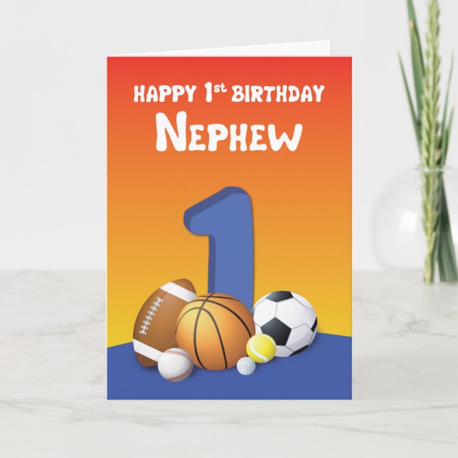 Nephew 1st Birthday Sports Balls Card (Front)