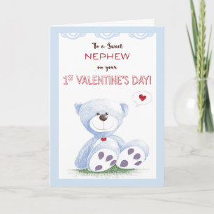 Nephew, 1st Valentine's Day, Blue Teddy Bear on Gr Holiday Card