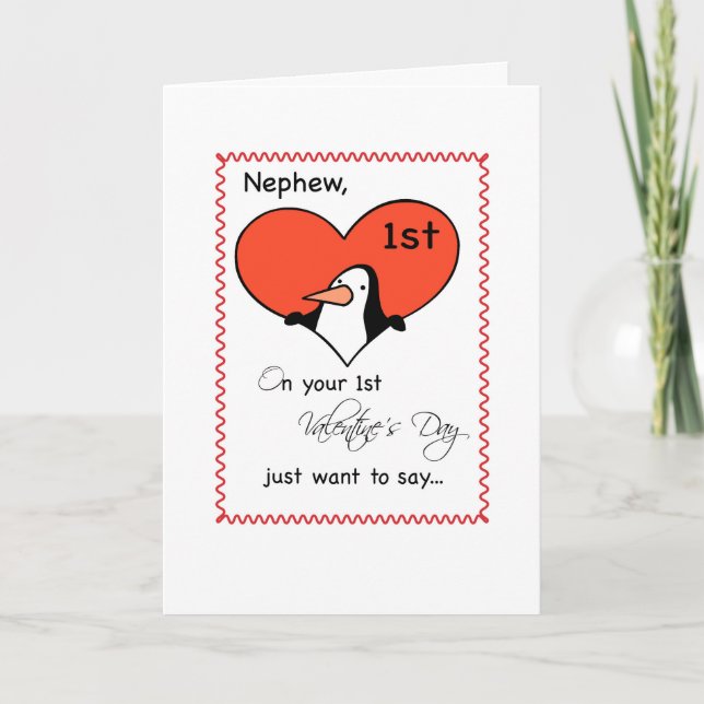 Nephew 1st Valentine's Day Cute Penguin Holiday Card (Front)