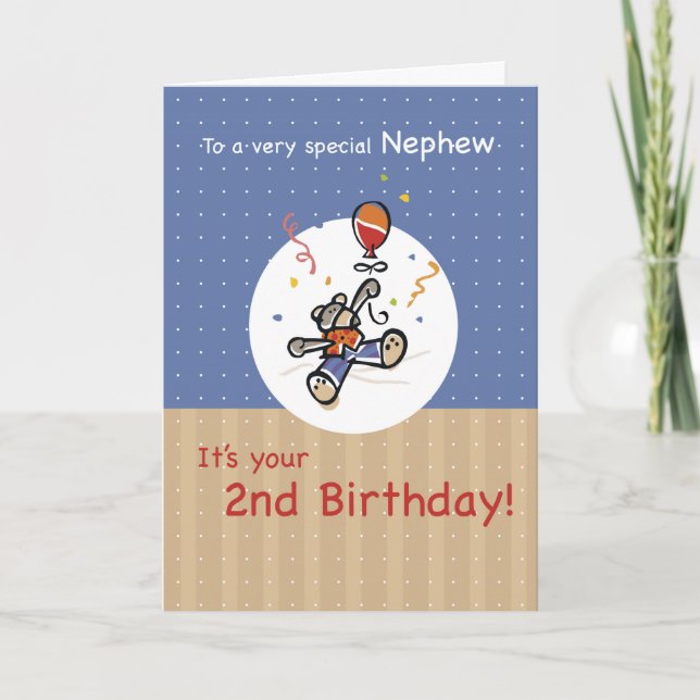 Nephew 2nd Teddy Bear Balloon Birthday Card (Front)