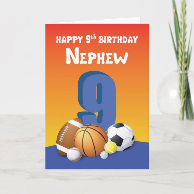 Nephew 9th Birthday Sports Balls Card (Front)