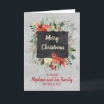 Nephew and his Family Merry Christmas Card<br><div class="desc">Merry Christmas greeting card for nephew and his family with vintage watercolor flowers and cardinal,  chalkboard and wood patterns,  wish your nephew's family well this holiday season with this elegant greeting card.</div>