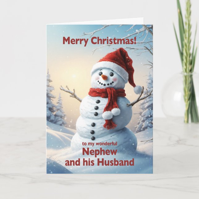 Nephew and his Husband Christmas Snowman  Holiday Card (Front)