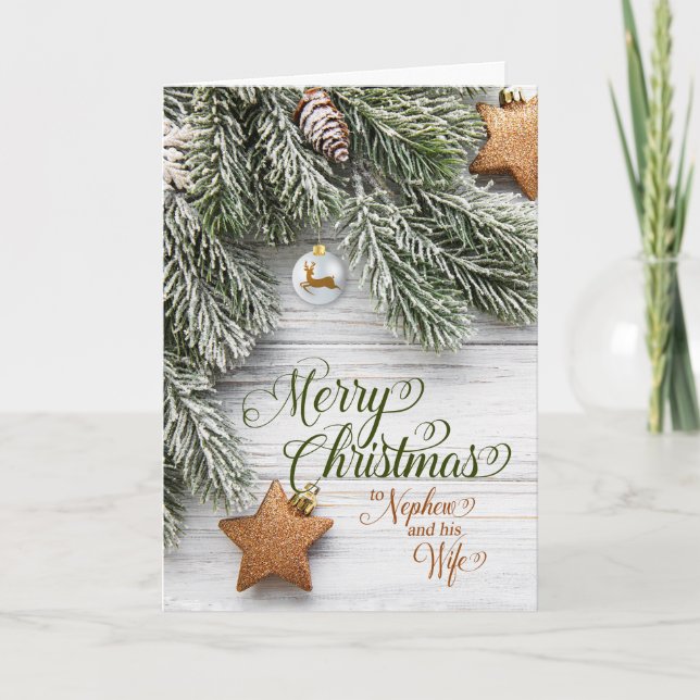 Nephew and Wife Christmas Snowy Pine and Stars Holiday Card (Front)