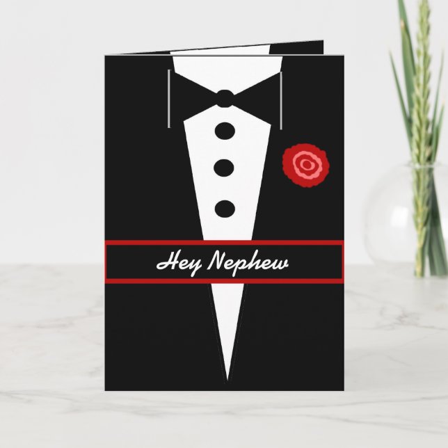 NEPHEW Be My Groomsman Card with Tux and Rose (Front)