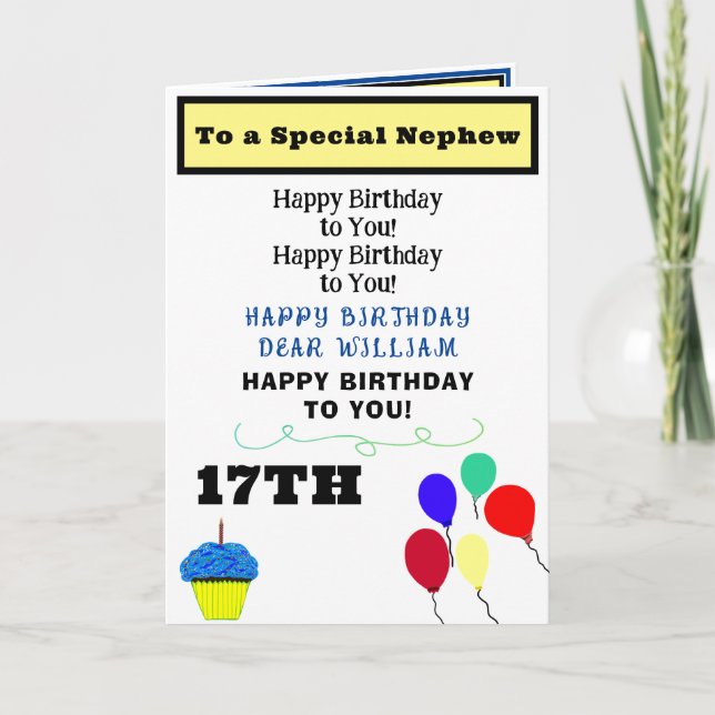 Nephew Birthday Balloons Blue Cupcake NAME  Card (Front)