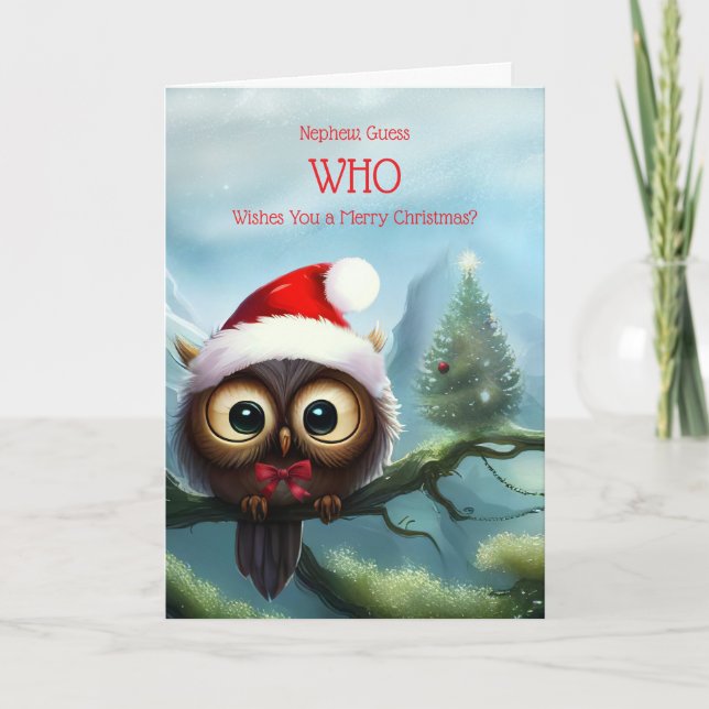 Nephew Christmas Holiday with Cute Owl Card (Front)