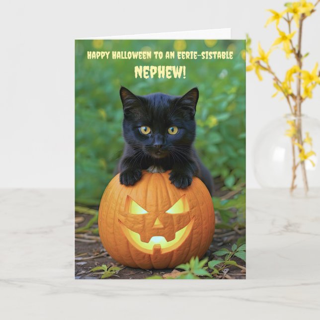 Nephew Cute Happy Halloween Cute Black Kitten Card (Yellow Flower)