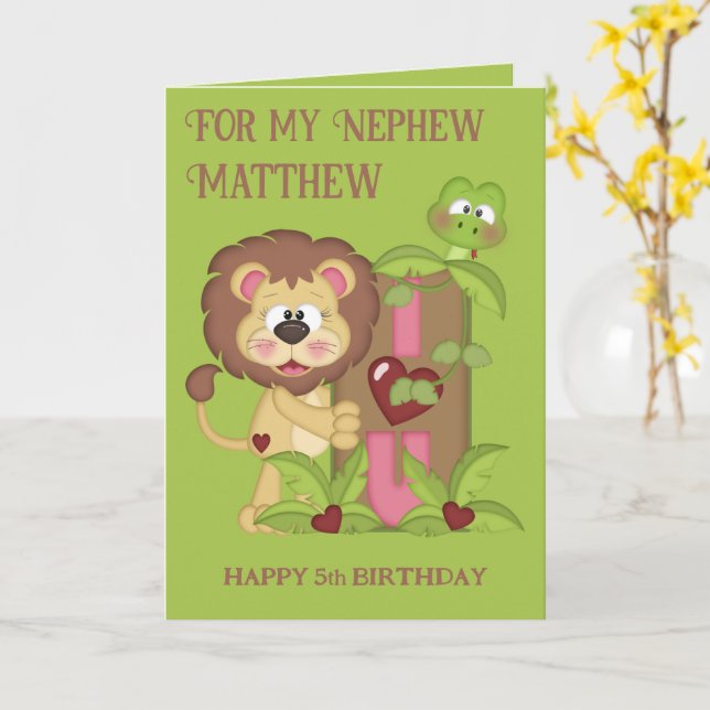 Nephew Cute Lion Birthday Wishes Card (Yellow Flower)