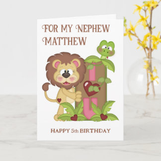 Nephew Cute Lion Fifth Birthday Wishes Card