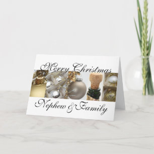 Nephew & Family merry christmas gold on white chri Holiday Card