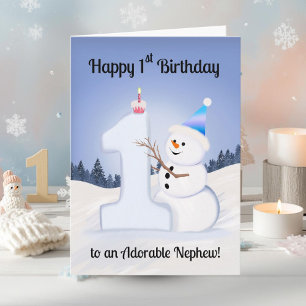 Nephew Happy 1st Birthday Snowman Building Card