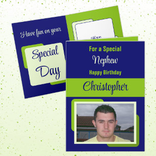 Nephew name photo blue green birthday card