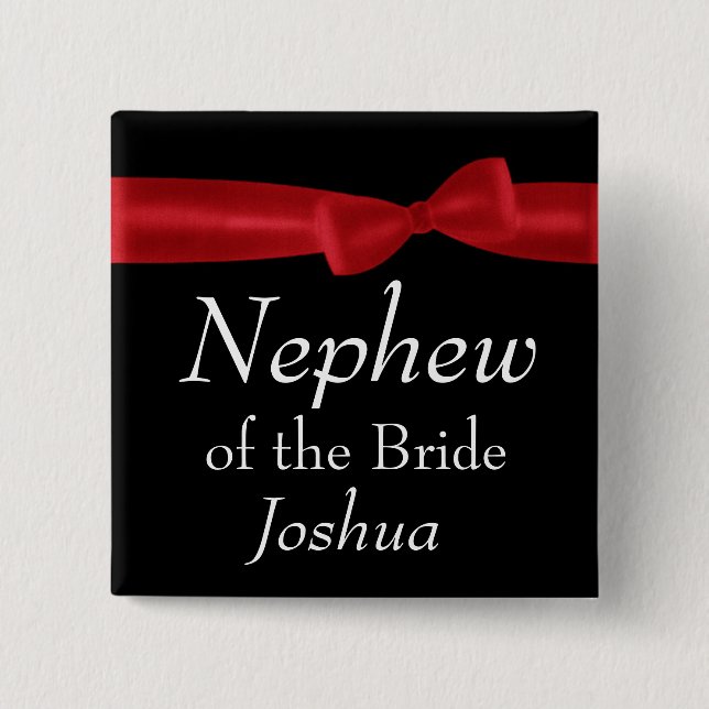 NEPHEW of BRIDE Red Bow Wedding Custom Name 15 Cm Square Badge (Front)