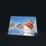 Nephew Robins and Snowman Christmas Holiday Card<br><div class="desc">A beautiful Christmas card for a nephew. Send seasonal cheer with this beautifully illustrated Christmas card showcasing three cheeky robins balancing on a snowman's carrot nose. A joyful design capturing the magic of winter and the spirit of the holidays.</div>