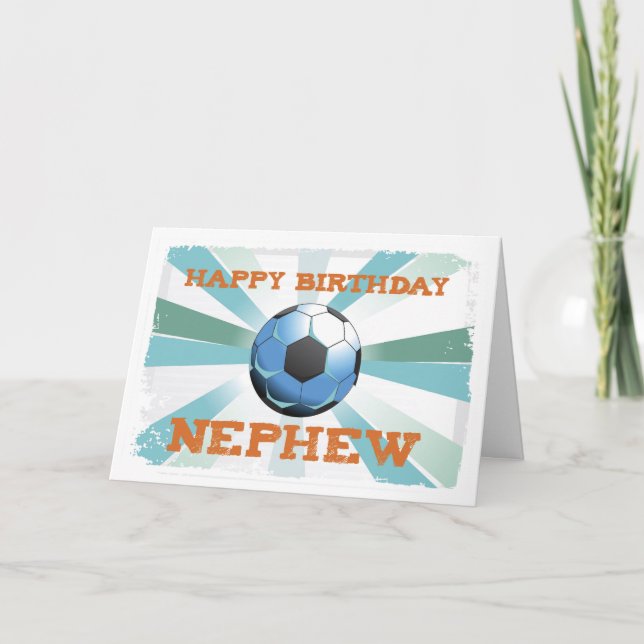 Nephew Soccer Birthday with Ball, Orange on Teal a Card (Front)