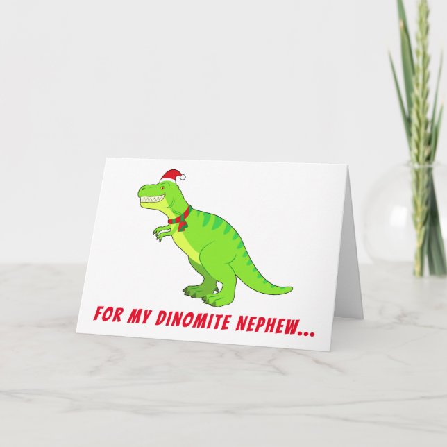 Nephew: T-Rex in Santa Hat for Christmas! Holiday Card (Front)