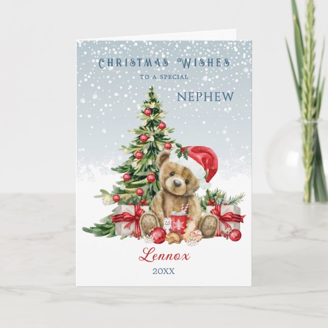 Nephew Teddy Bear Christmas Tree  Holiday Card (Front)