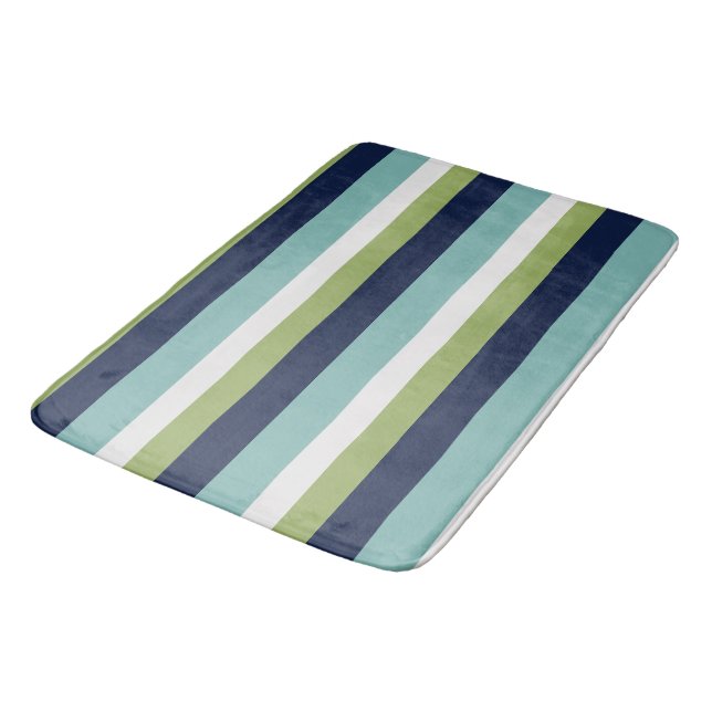 Neptune, Seashell, Green and Navy Stripes  Bath Mat (Angled)