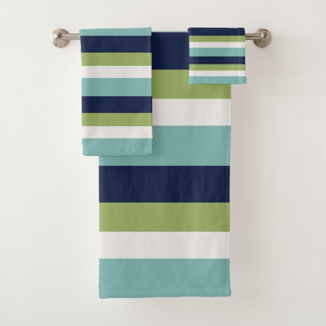 Neptune, Seashell, Green and Navy Stripes  Bath Towel Set (Insitu)