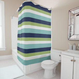 Neptune, Seashell, Green and Navy Stripes Shower Curtain