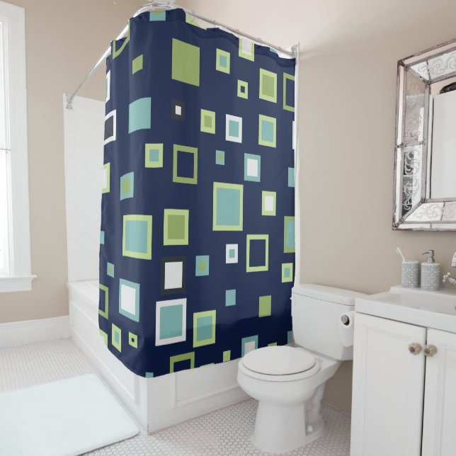 Neptune, Seashell, Green and Navy Stripes  Shower Curtain (In Situ)